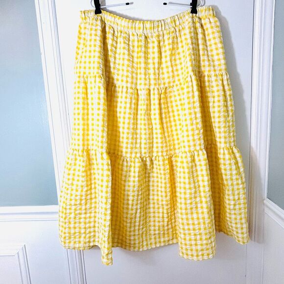 Old Navy XXL yellow & white gingham seersucker tiered skirt w pockets - Picture 1 of 9